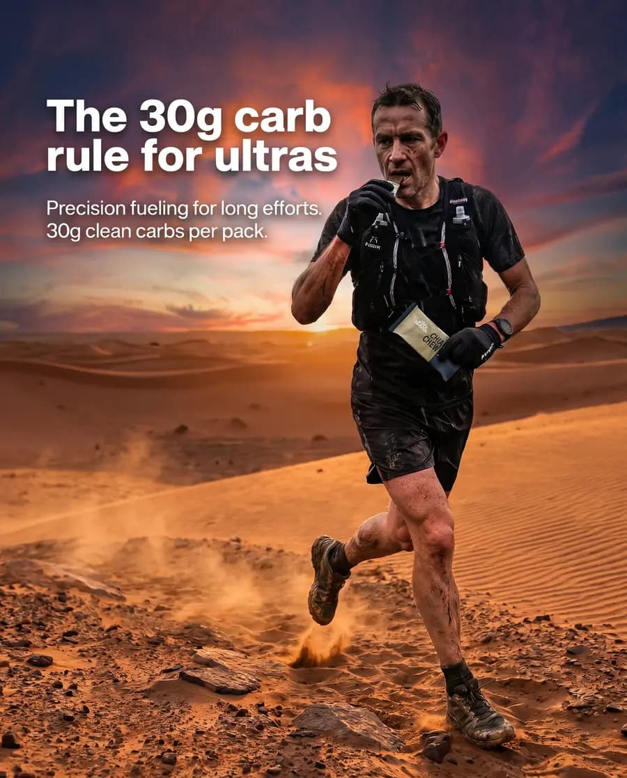 30g carb fuel ad — the same trail runner crossing Sahara dunes at sunset